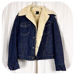Vintage 70s Sears Roebuck Blue Denim Jacket with Fluffy Shearling Lining Sz M